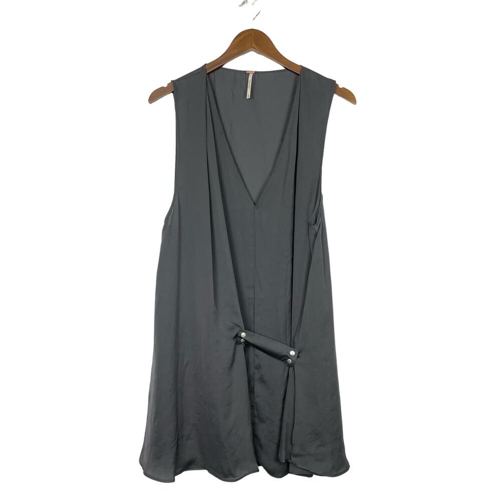 Free People | Dark Gray Satin Asymmetrical Belted Sleeveless Mini Slip Dress